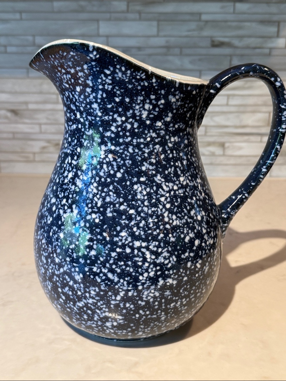 Large Vintage Otagiri Blue & White Speckled Pottery Pitcher 9.5” Tall